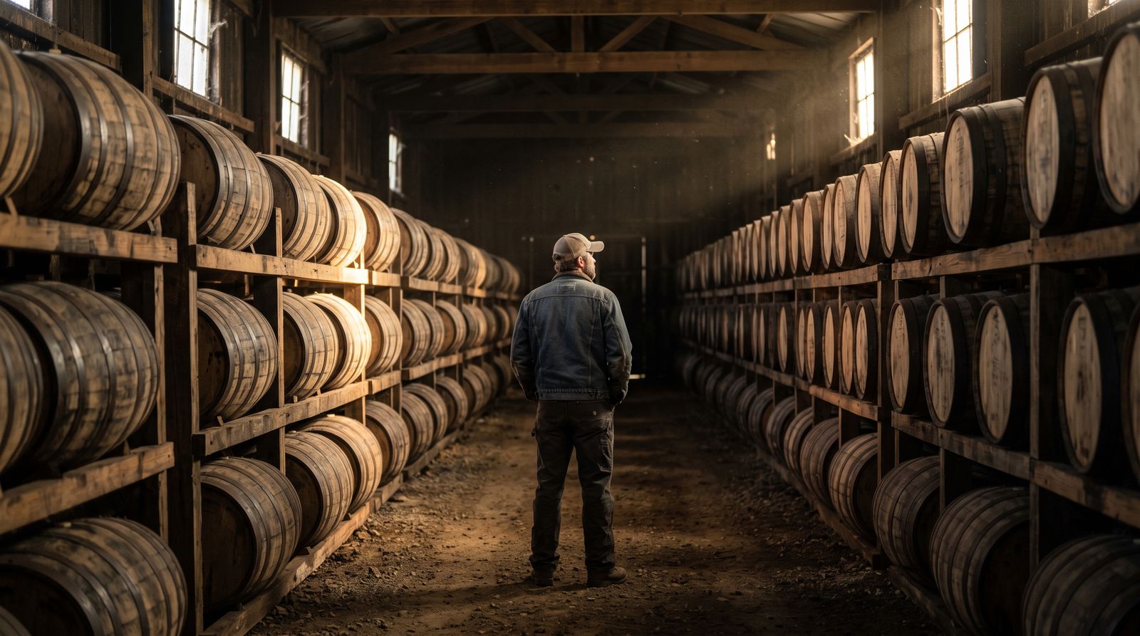 Rows of stacked oak whiskey barrels in a dim aging warehouse, one anonymous worker standing in the aisle