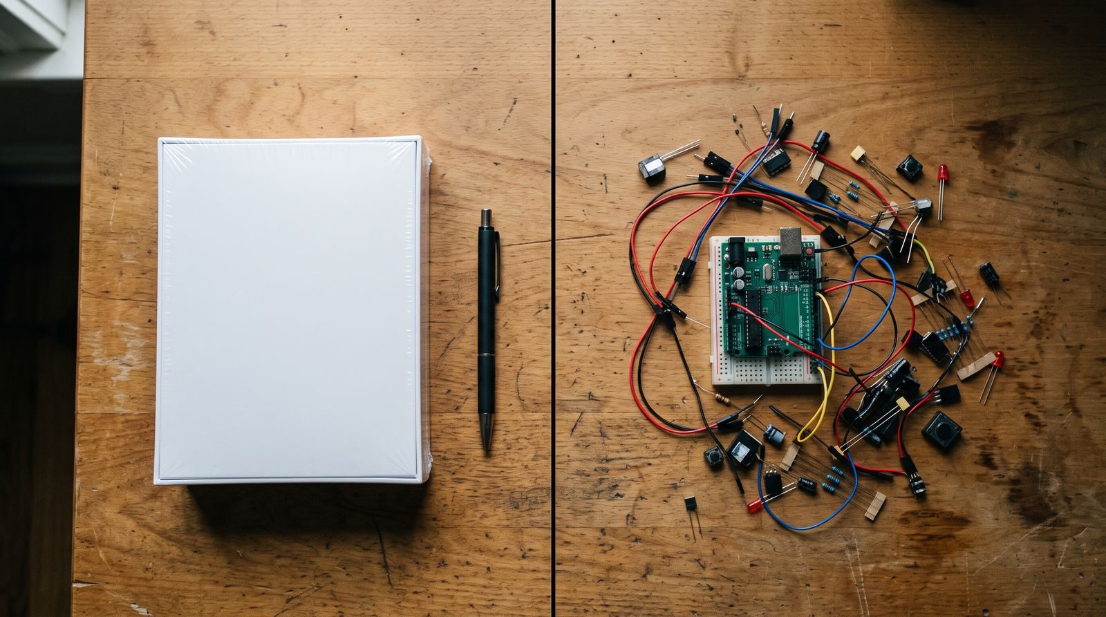 A desk split between a sealed product box and loose components