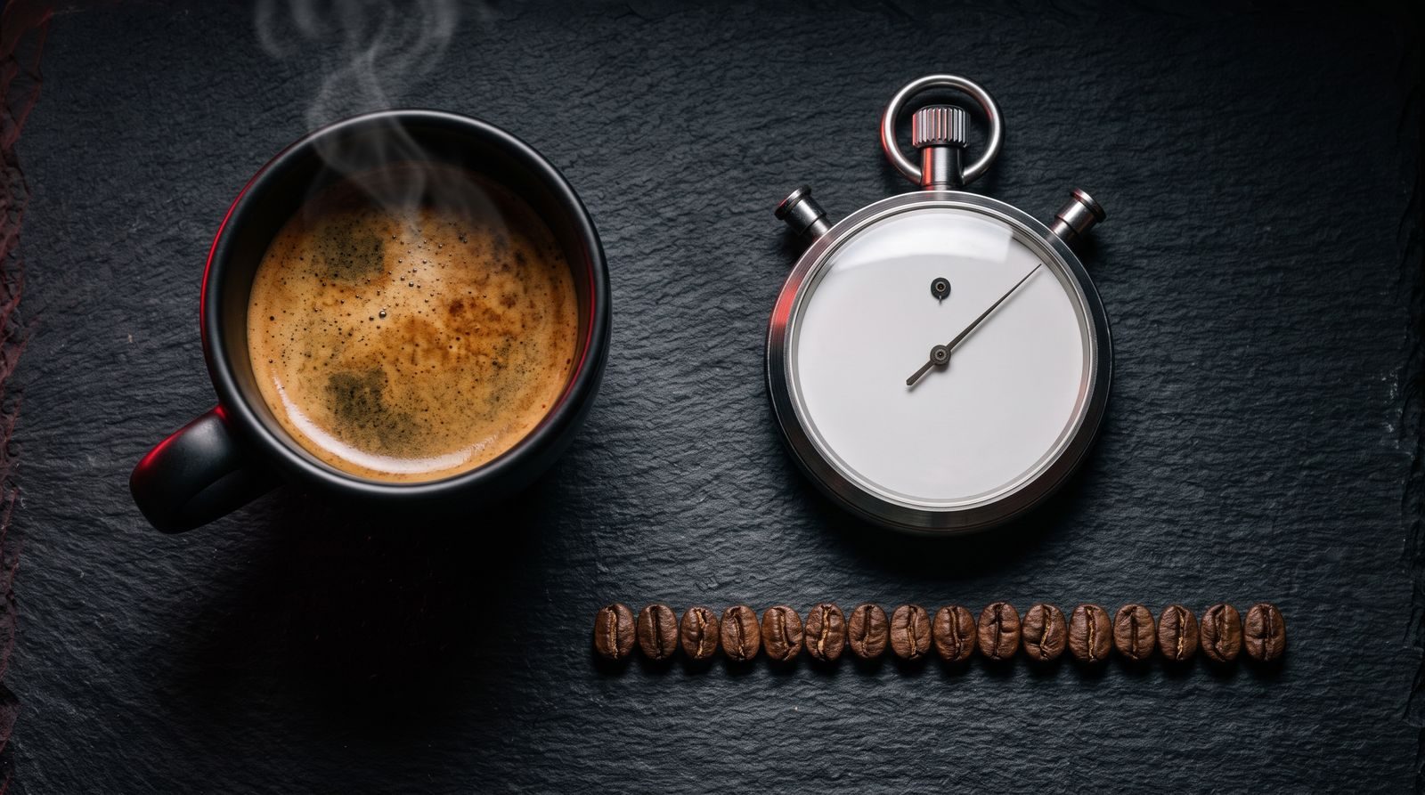 Espresso cup beside a stopwatch and a measured line of coffee beans