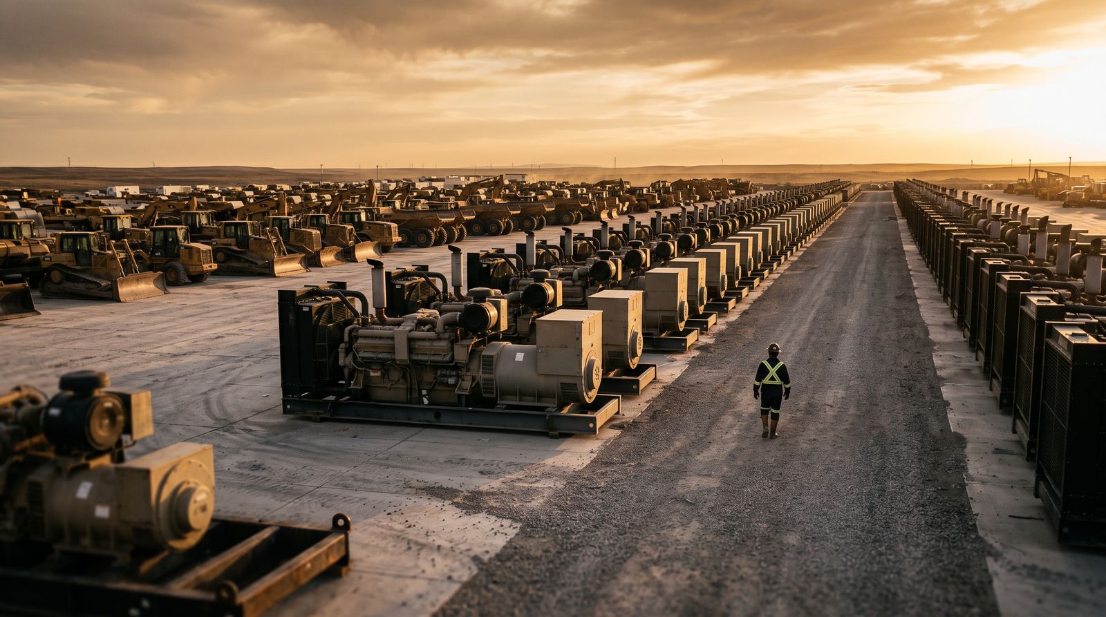 Rows of industrial generator units and heavy machines in an equipment staging yard at golden hour