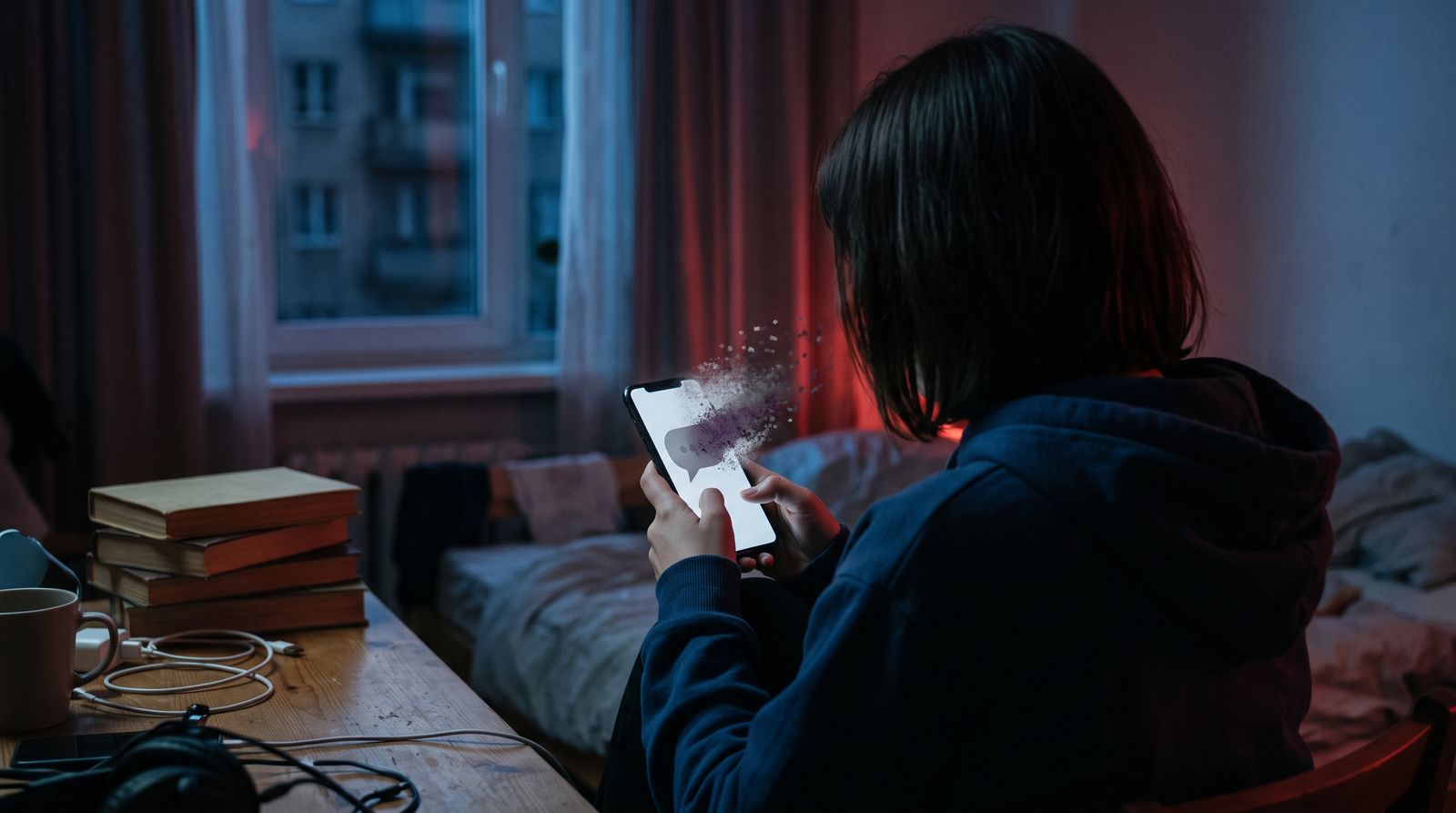 A person holds a phone as an AI companion avatar dissolves from the screen
