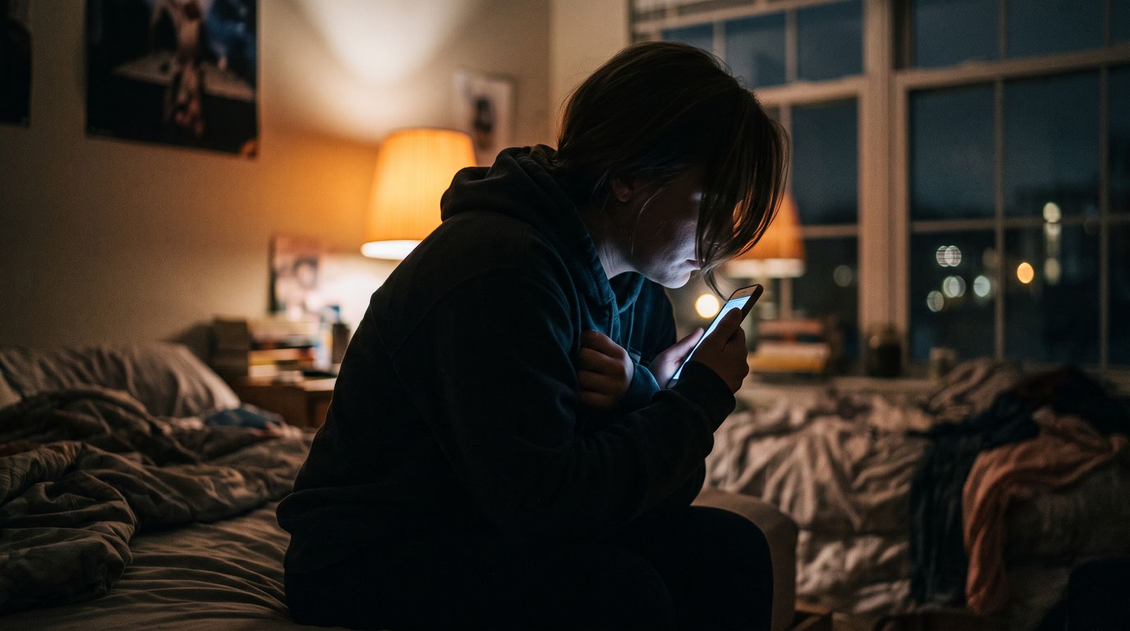 A person alone in a dim room holding a glowing smartphone at night, evoking emotional attachment to an AI companion app