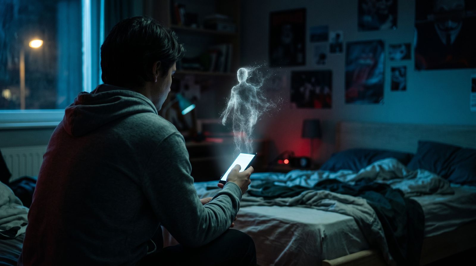 Person holding a smartphone as a glowing humanoid silhouette fades away above the screen
