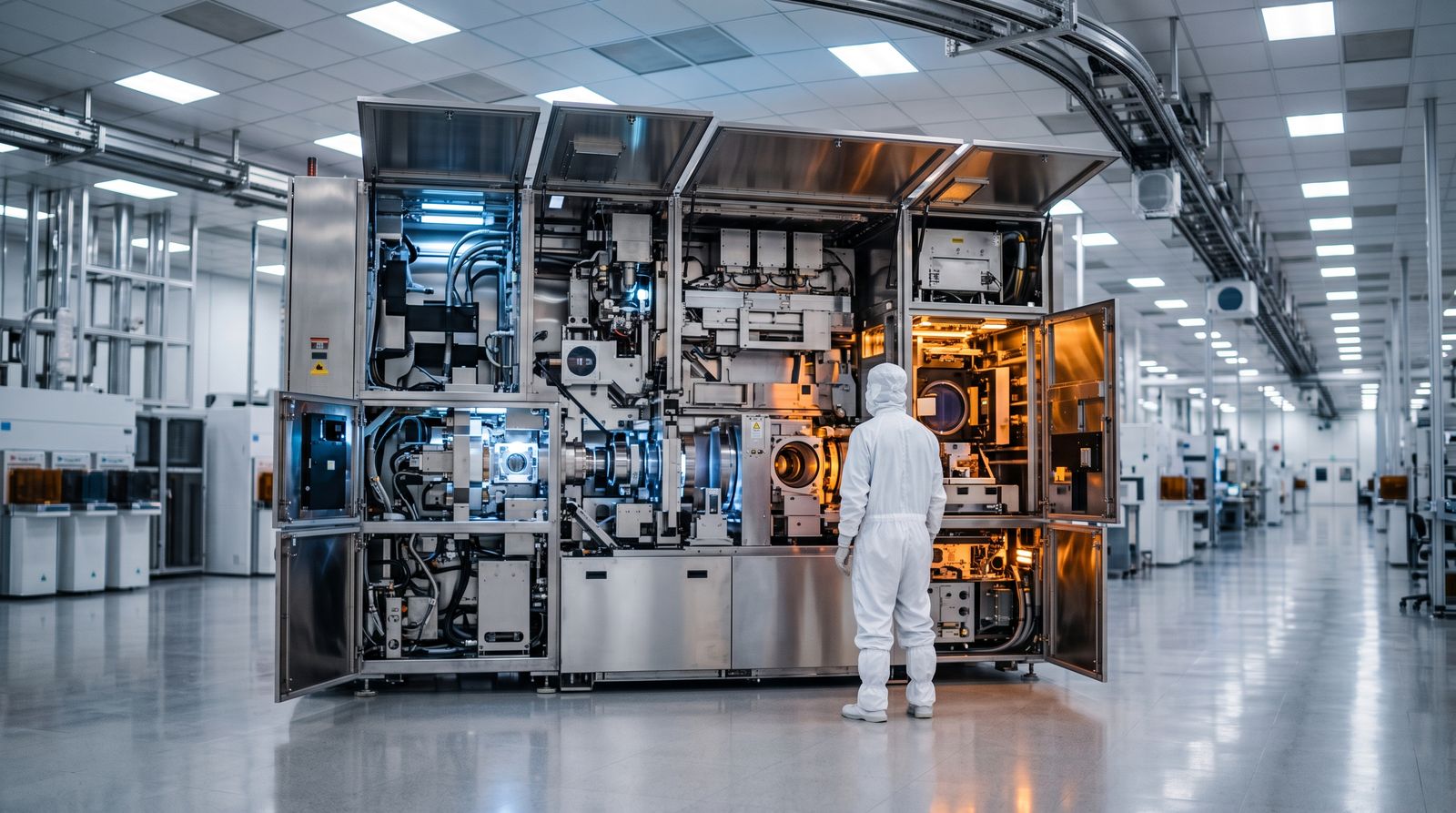 An anonymous engineer in a white cleanroom suit studying a large lithography machine with its service panels open