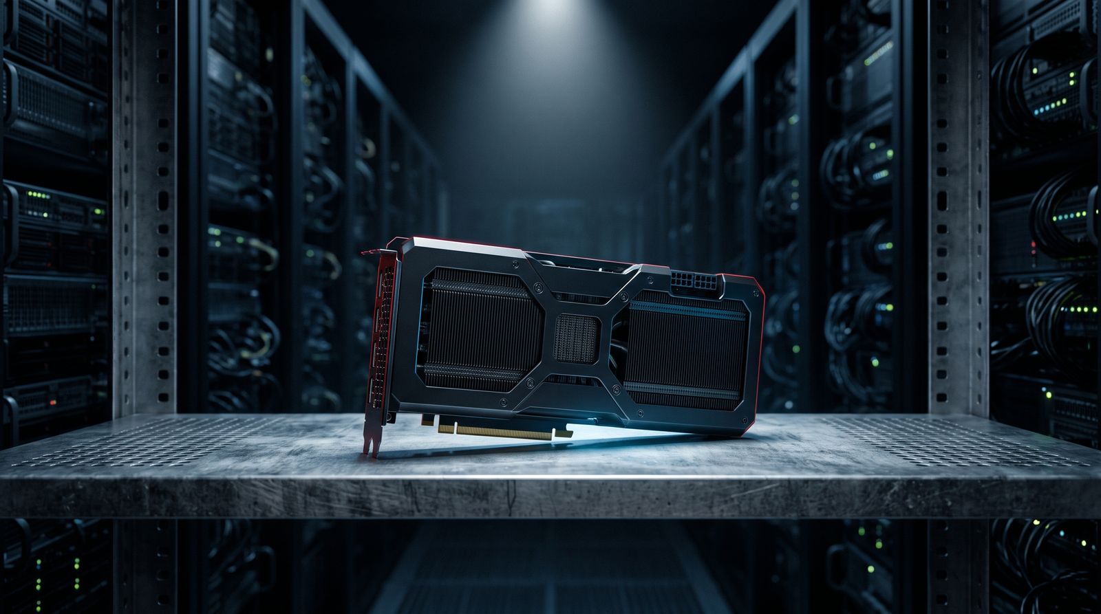 A single advanced AI accelerator card under a spotlight on a server-rack shelf in a dark data center, symbolizing rationed access to scarce chips