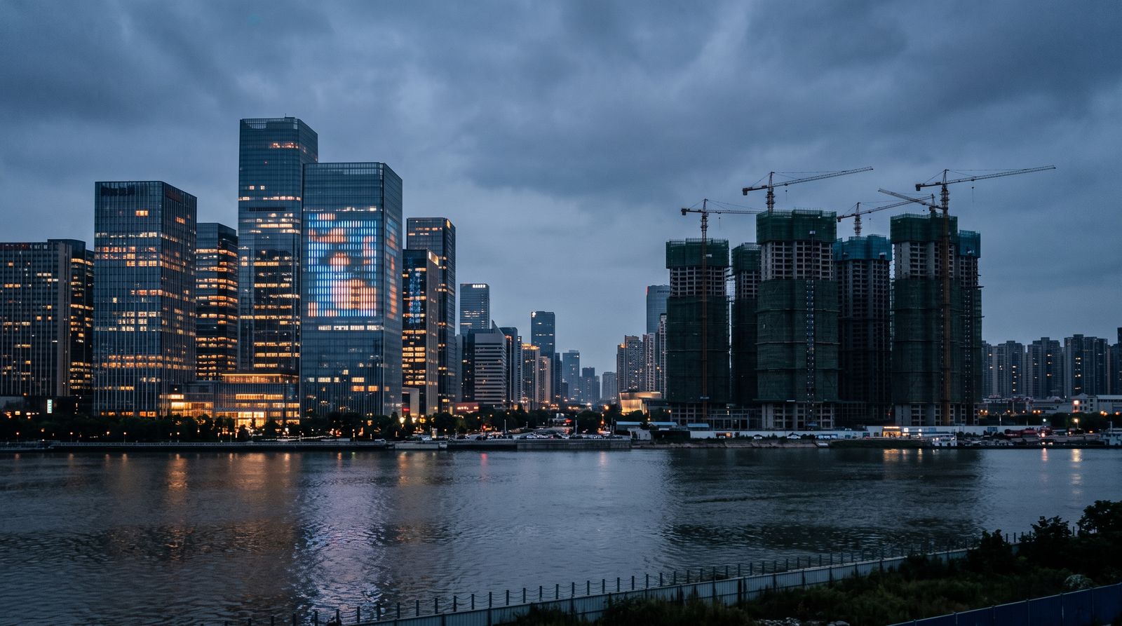 A Chinese city skyline at dusk with unfinished residential towers and idle cranes in the distance