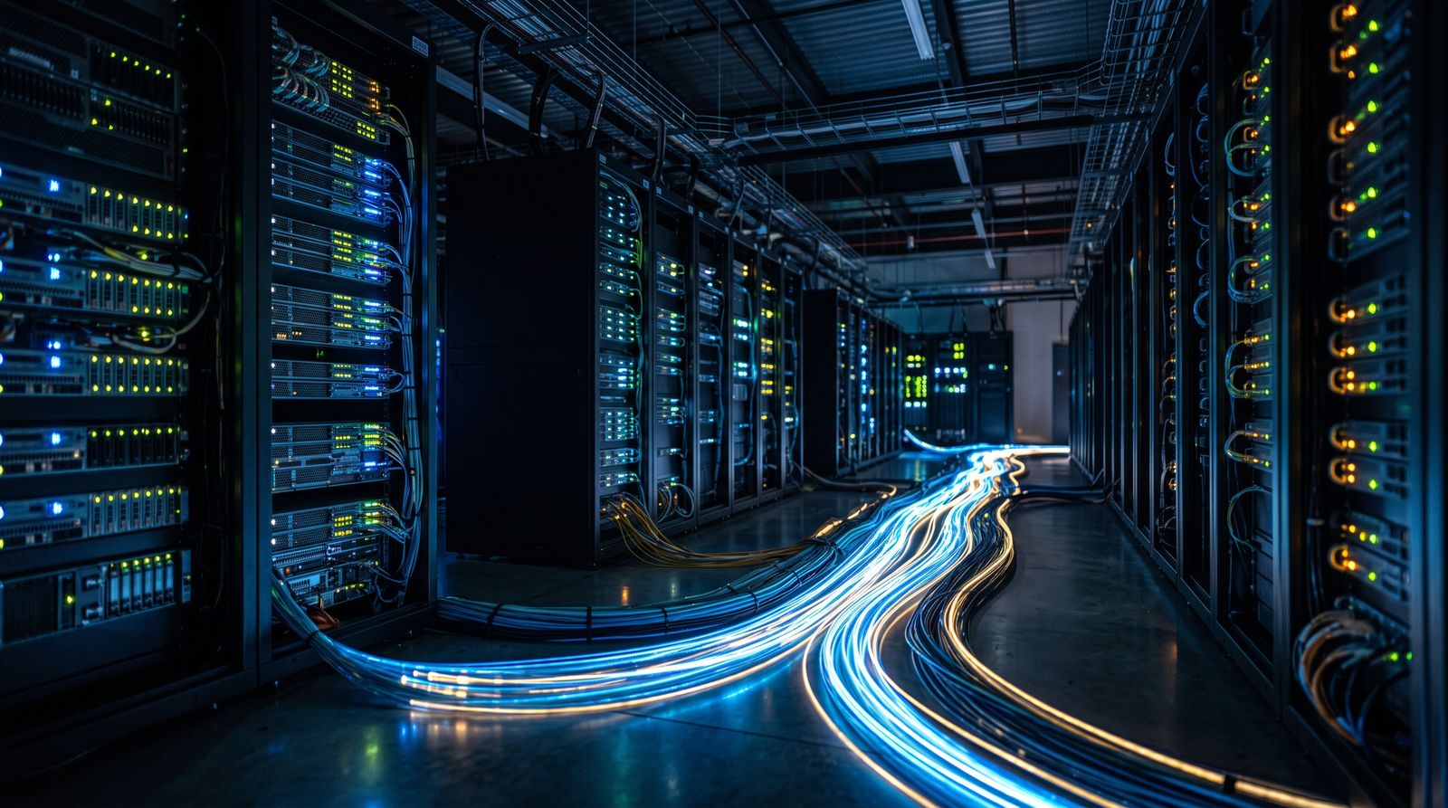 A data center server aisle at night with glowing racks and fiber-optic cables streaming light, evoking AI token traffic being rerouted to cheaper models