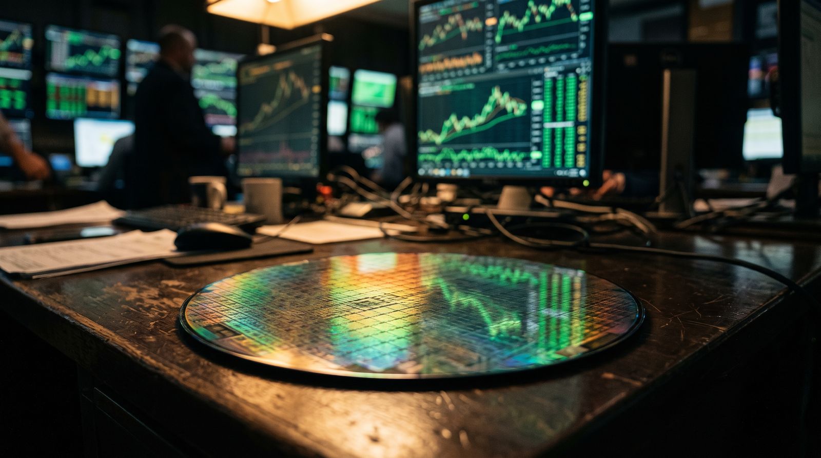 Silicon wafer on a trading desk with green market charts glowing behind it