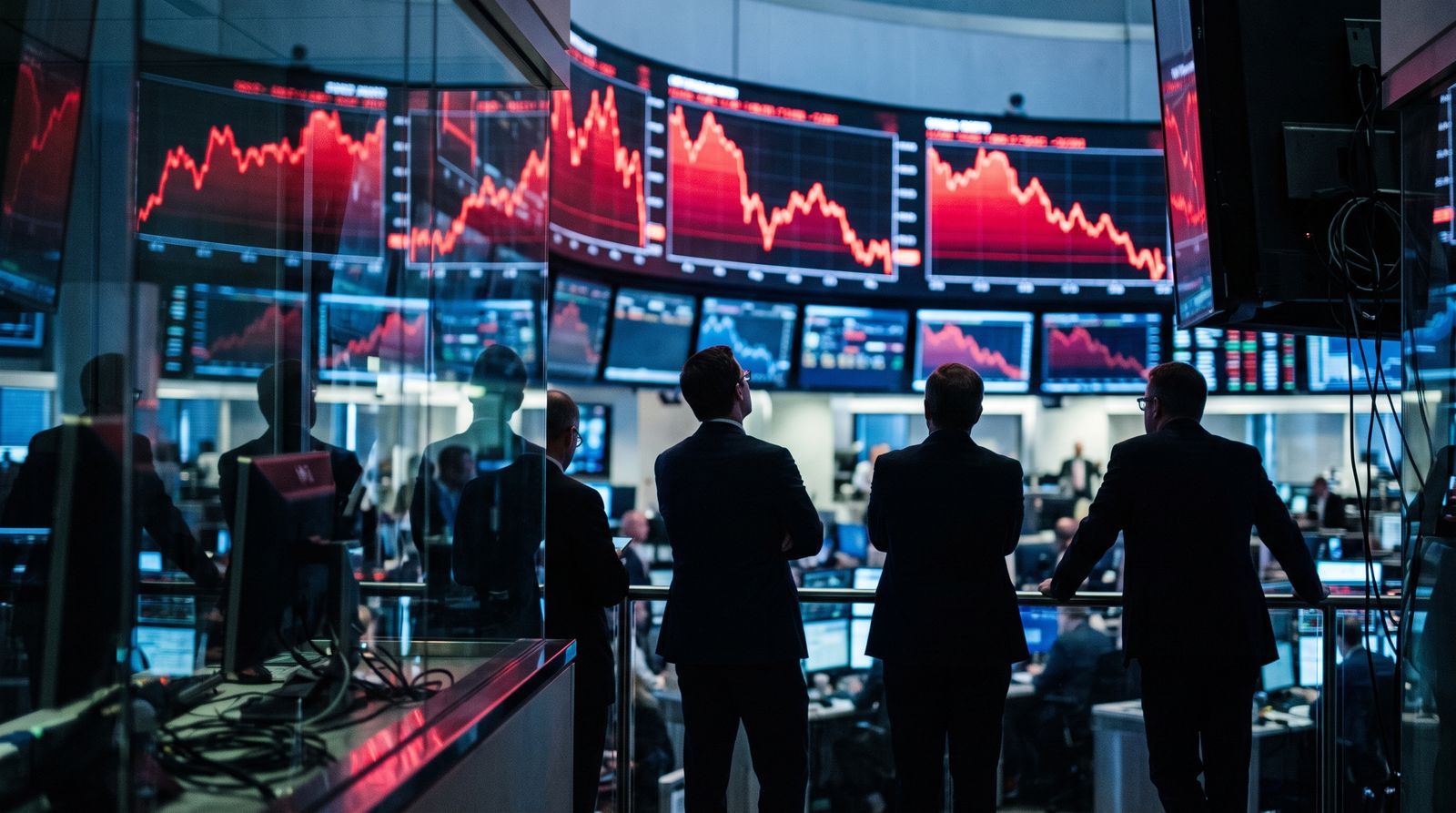 A trading floor at morning with large display screens showing red, downward-trending market charts as traders watch