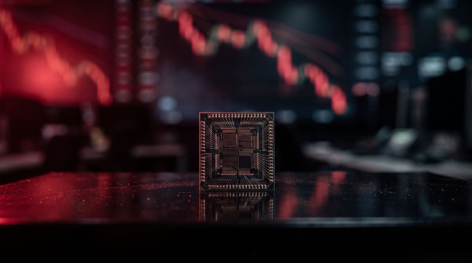 A single semiconductor chip lit in deep red on a dark trading desk, with blurred downward light streaks behind it