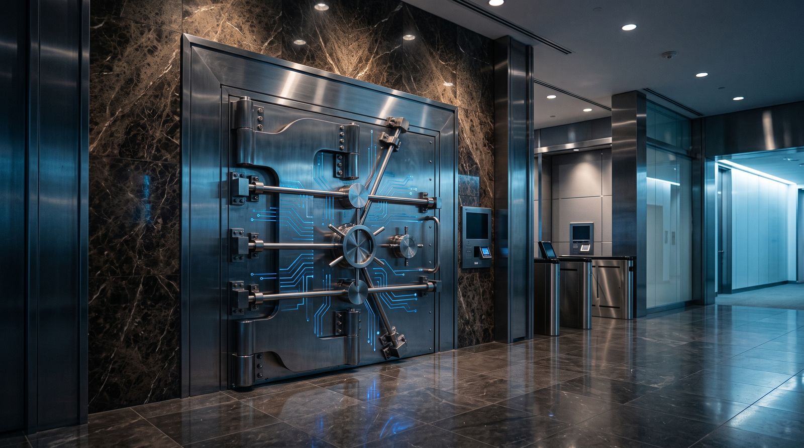A polished steel bank vault door set into a marble wall, faint glowing blue circuit lines tracing its surface — a visual metaphor for a stablecoin issuer moving inside the federal banking system