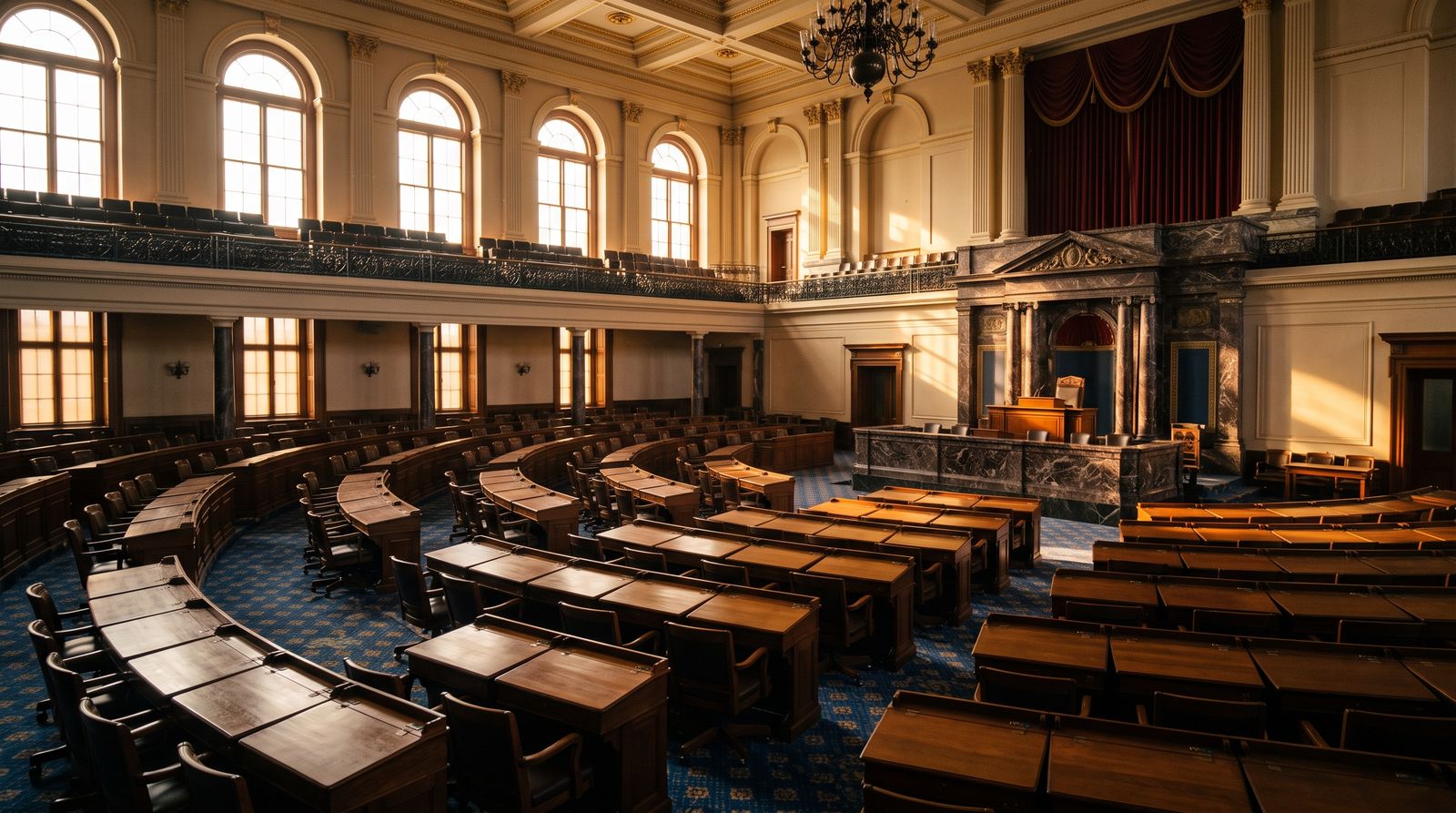 An empty legislative chamber with rows of vacant desks lit by afternoon light