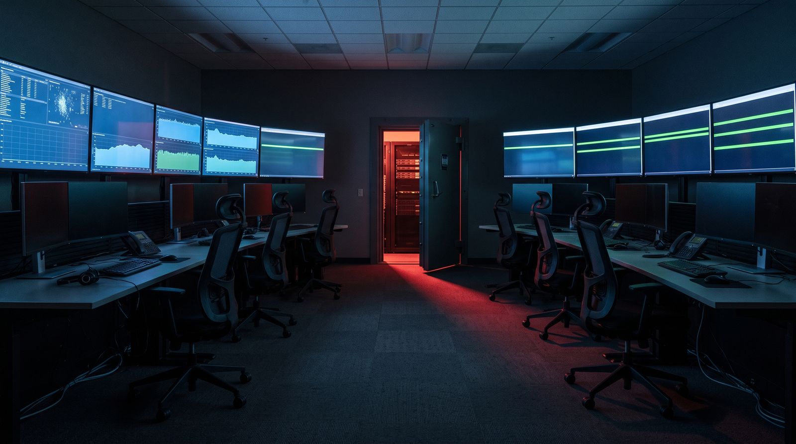 An empty security operations center at night, wall monitors showing calm dashboards, a server room door left ajar