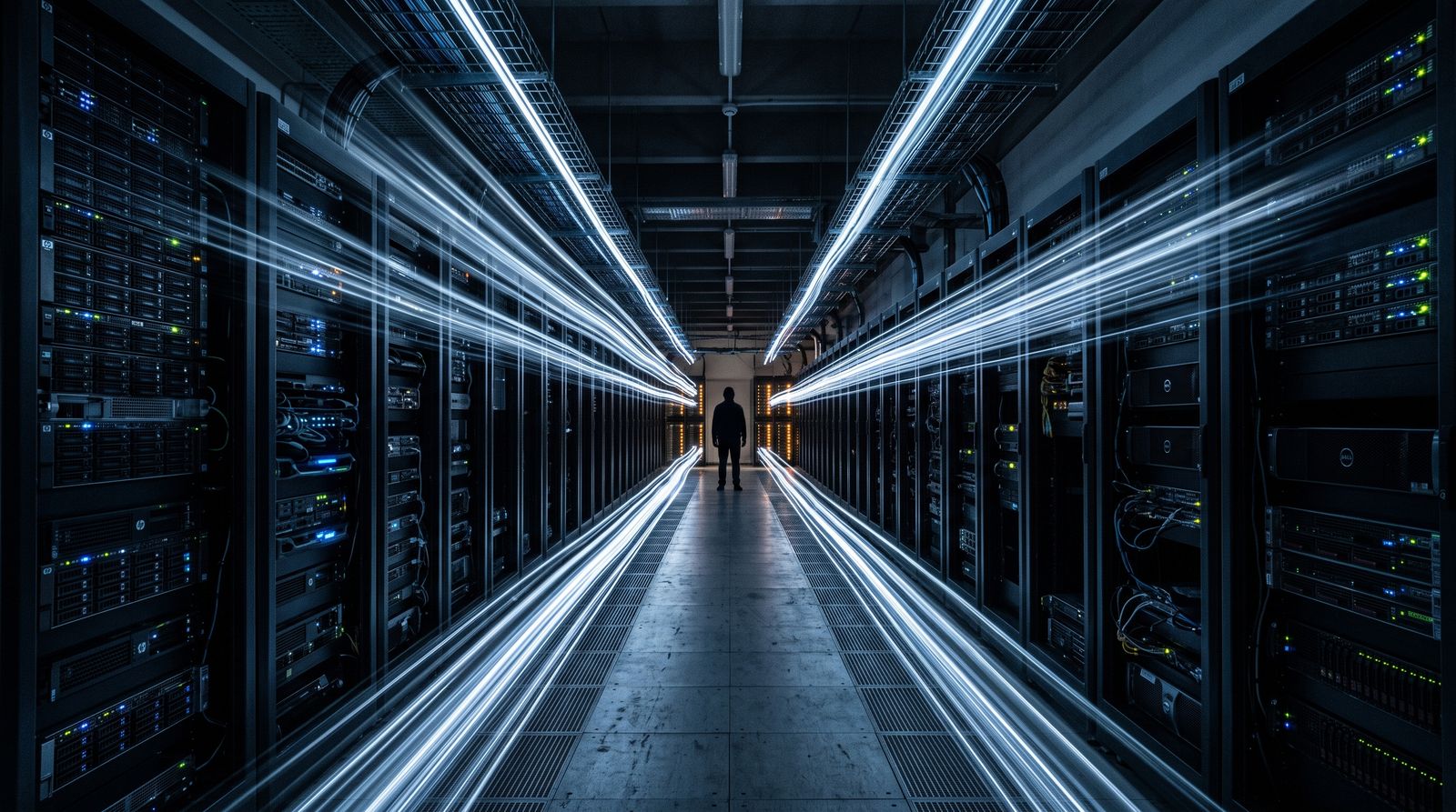 A data center aisle at night with streaming light trails and one distant human figure