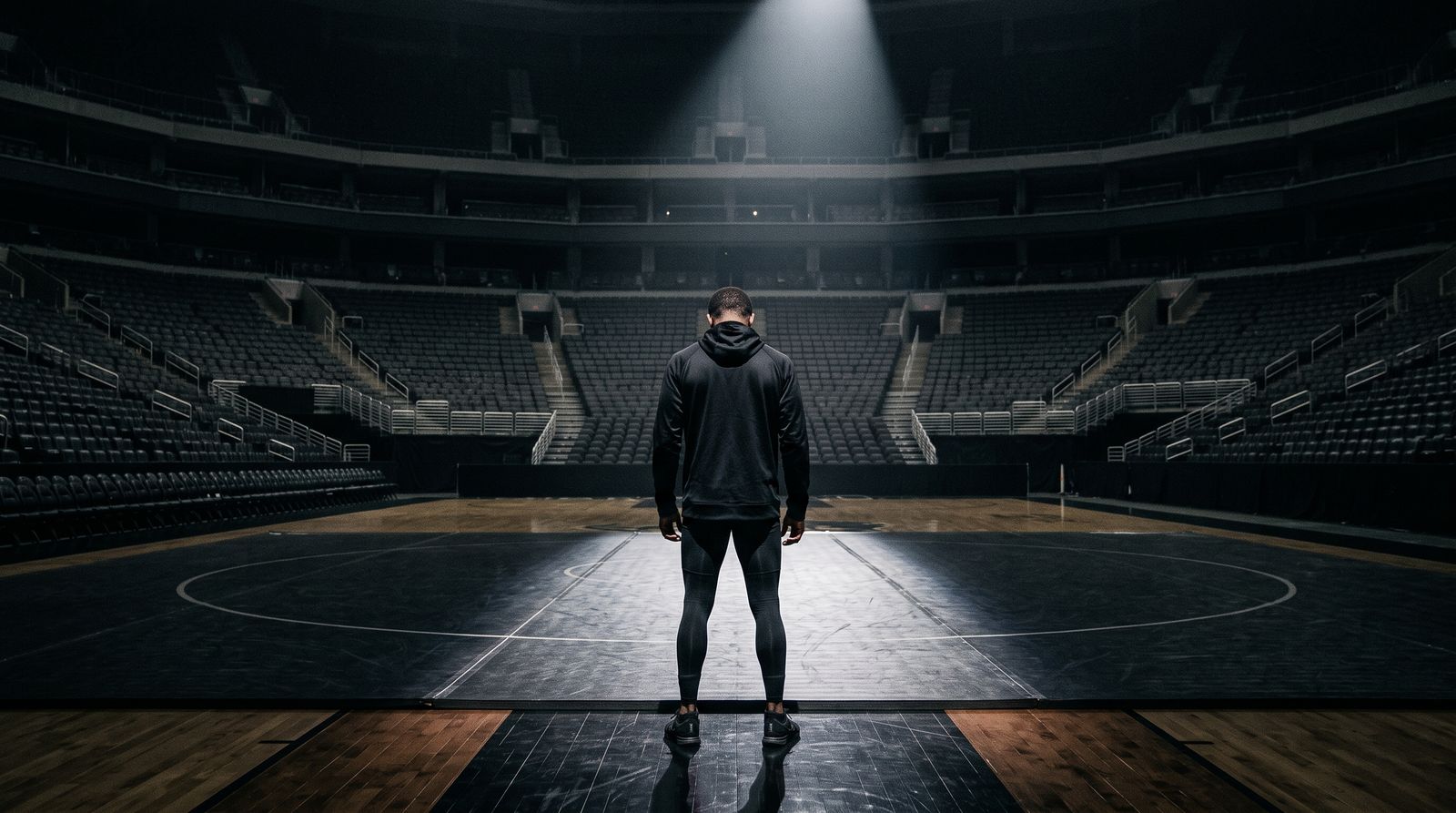A lone athlete standing in a spotlight at the edge of a darkened arena, concentrating before a big moment.