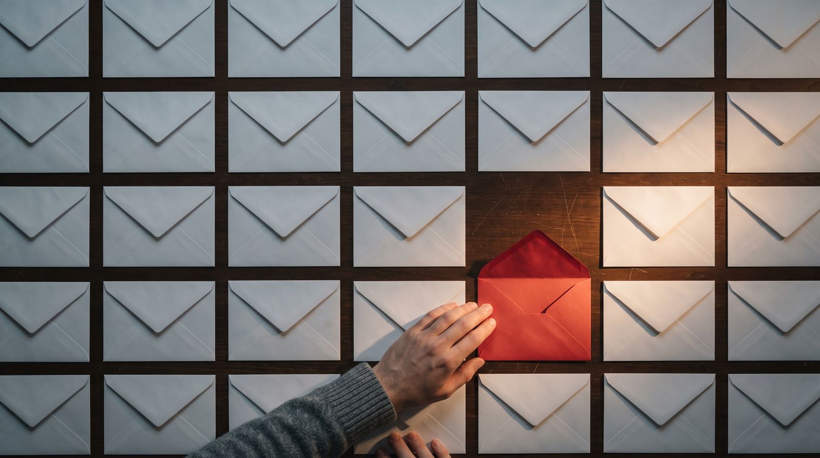 One red envelope standing out in a grid of white envelopes