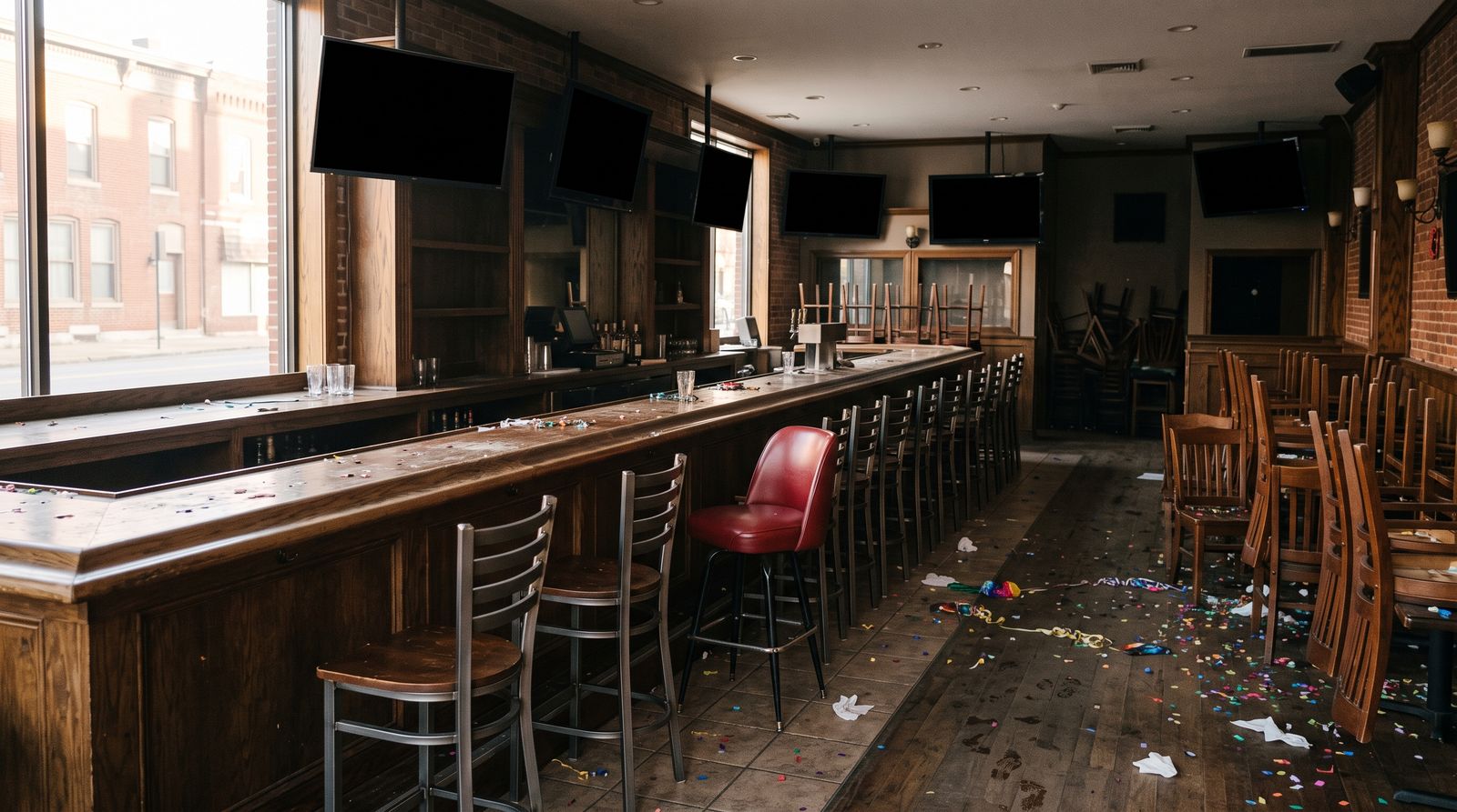 Empty sports bar the morning after a major sporting event, screens off, confetti on the floor