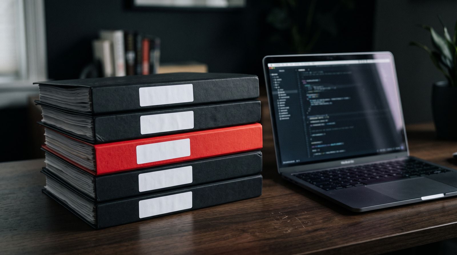 Stack of dossier folders with one red folder beside a glowing laptop on a dark desk