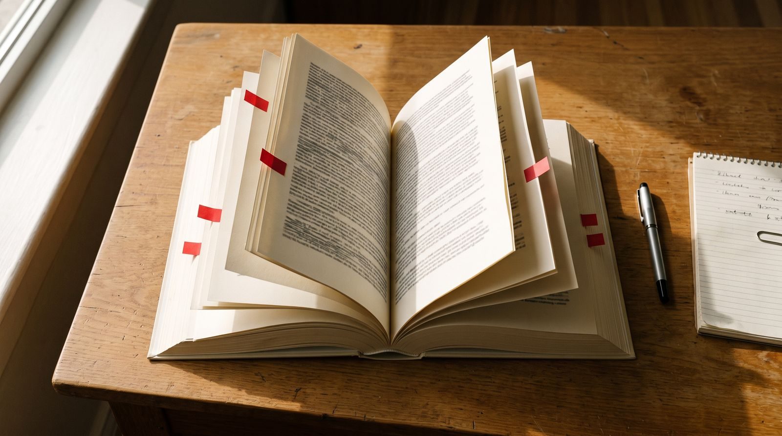 A printed contract on a desk with five red tabs marking five pages