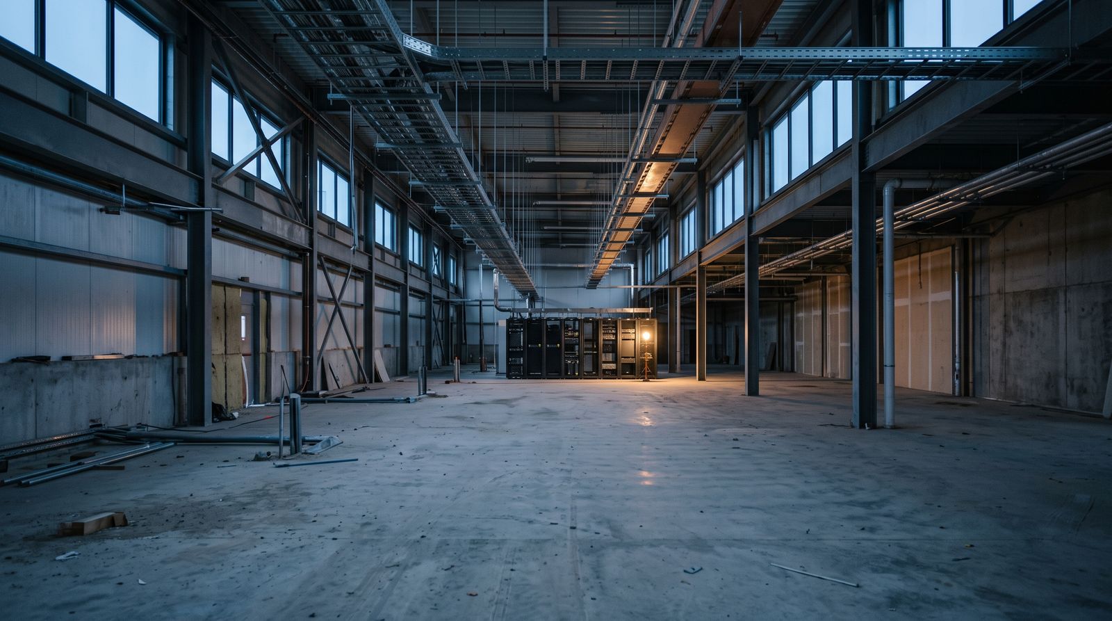 A largely empty data center hall under construction, racks installed only at the far end