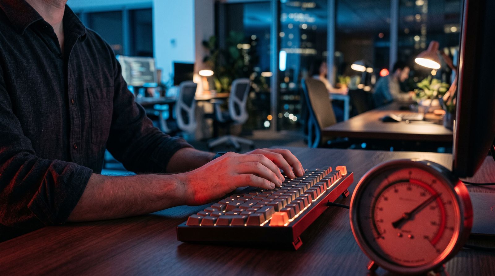 A glowing red gauge climbing toward its limit beside an anonymous engineer's hands at a keyboard, evoking metered AI compute costs hitting a spending cap