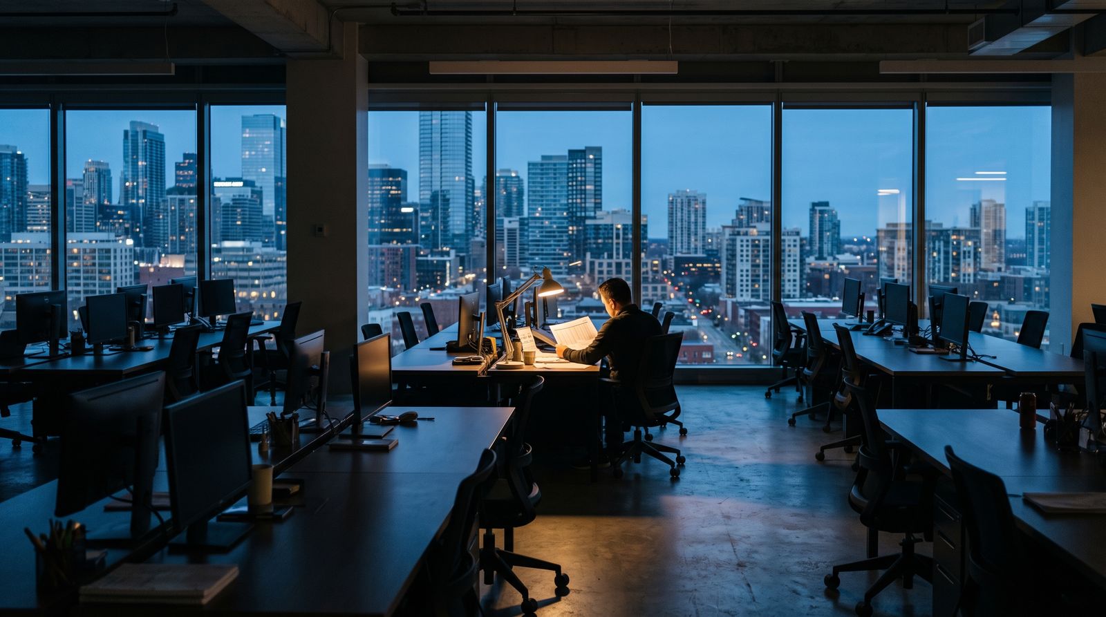 Empty rows of desks in a modern real estate sales office at dusk with one workstation still lit