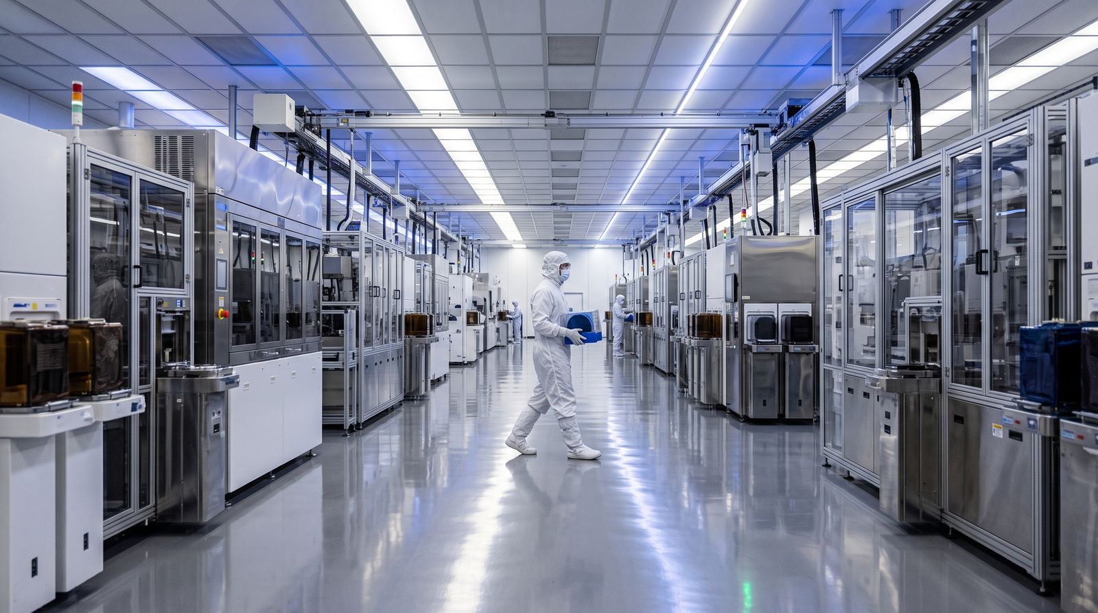 A technician in a white cleanroom suit carrying a wafer cassette inside a memory chip fabrication plant