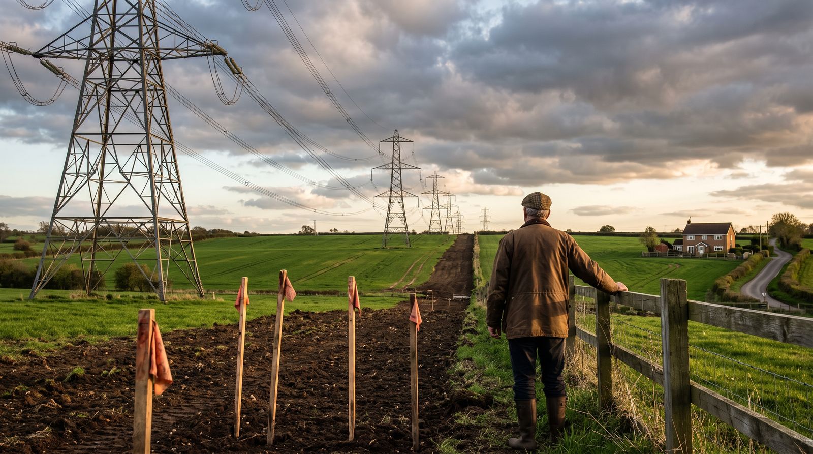 High-voltage transmission towers cutting through farmland toward homes