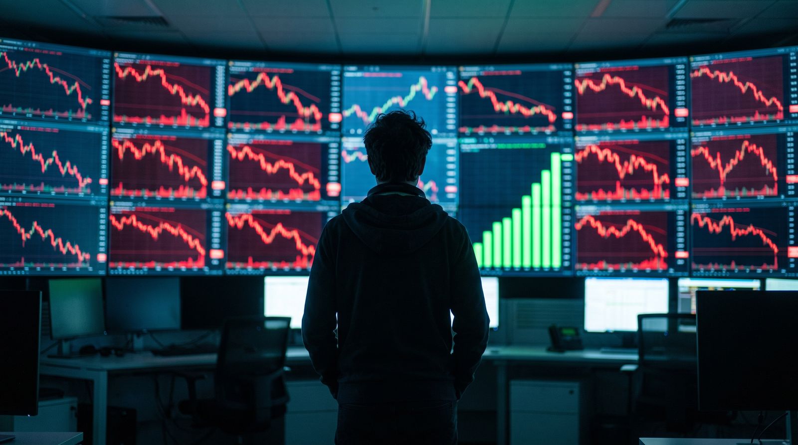 A trader silhouetted against a wall of monitors showing falling red charts beside one rising green chart