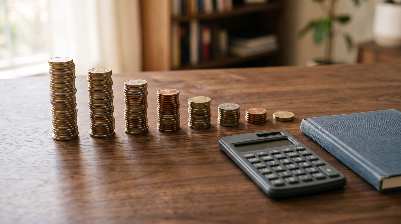 Descending stacks of coins in a tidy row beside a calculator and notebook