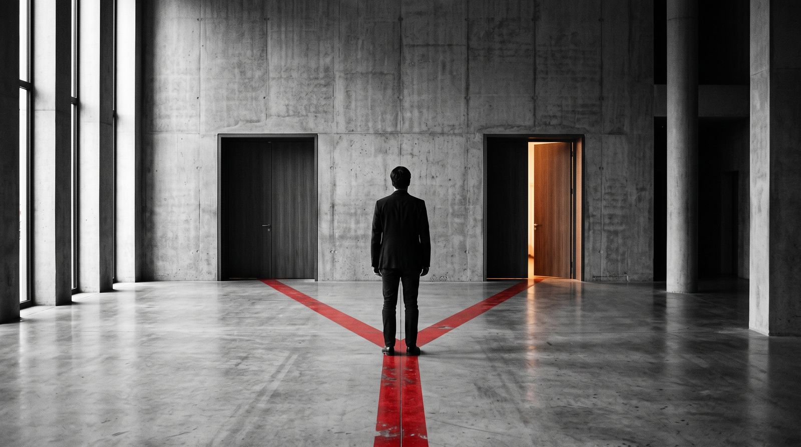 Person facing two doors with a red line on the floor diverging toward each