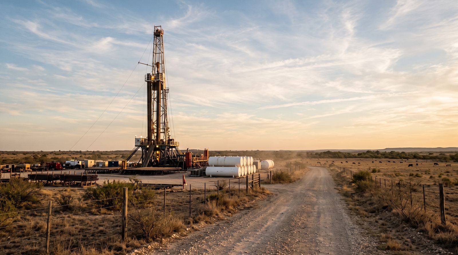A land drilling rig on flat Texas ranchland at golden hour with steel canisters stacked in a laydown yard
