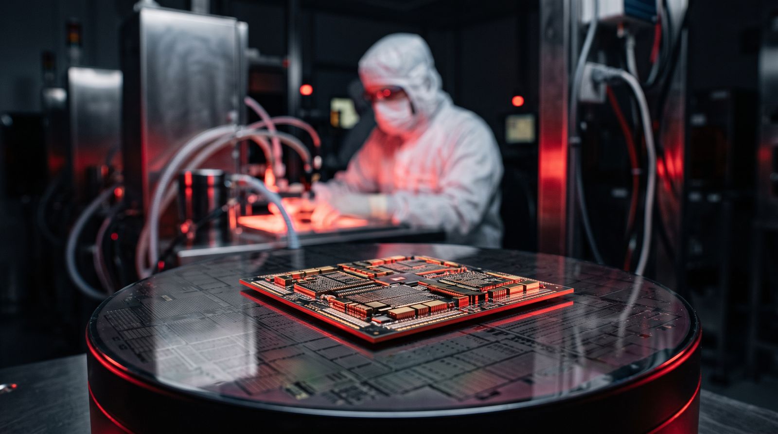 An advanced AI inference chip on a silicon wafer inside a fabrication cleanroom