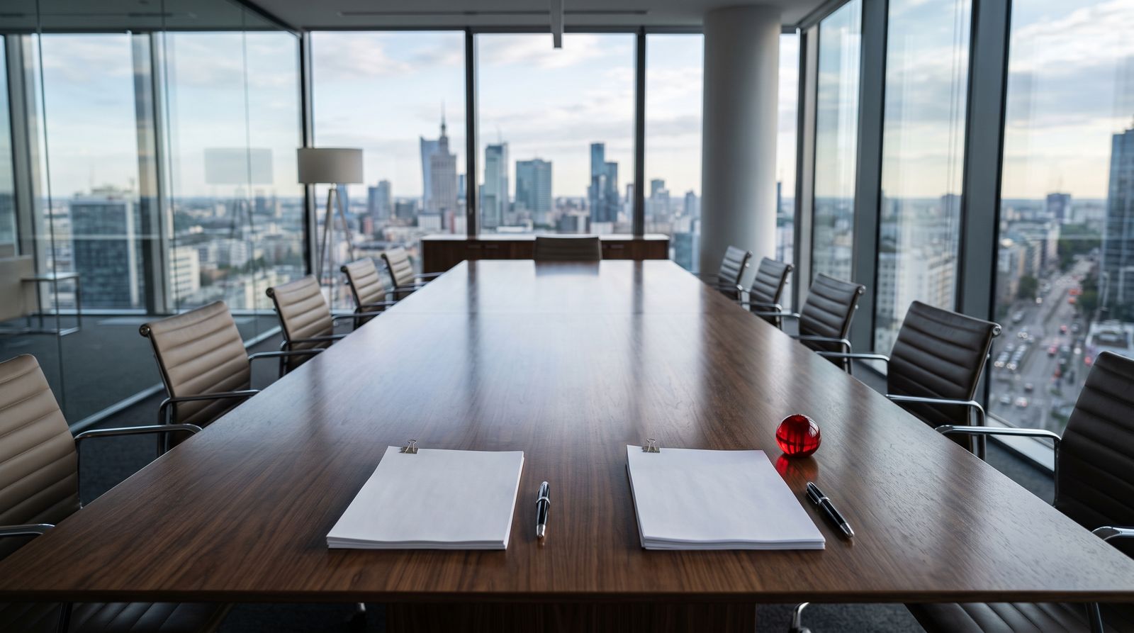 An empty boardroom table with unsigned documents and closed pens