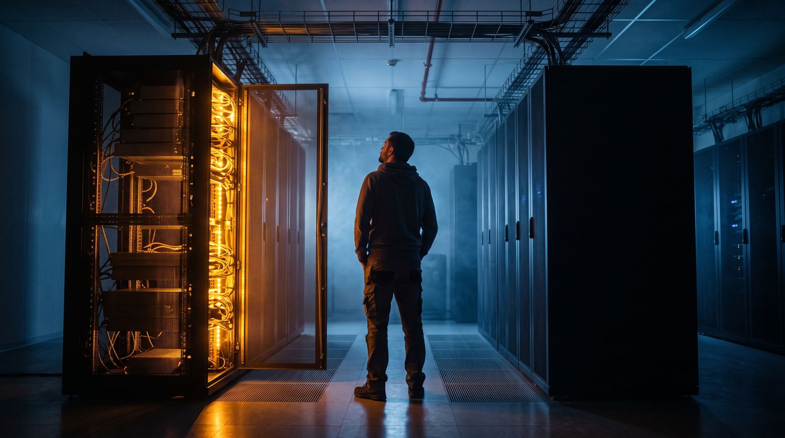 A small glowing server rack outshines a larger dormant one in a dark data center corridor