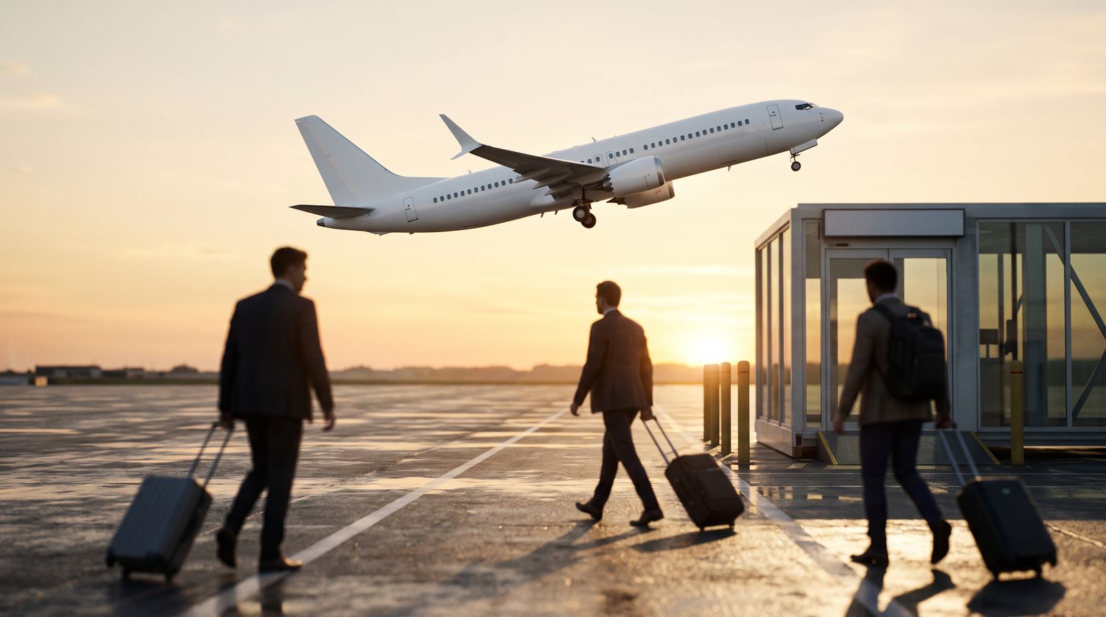 A plain unmarked jetliner climbing at dawn as business travelers walk to the gate