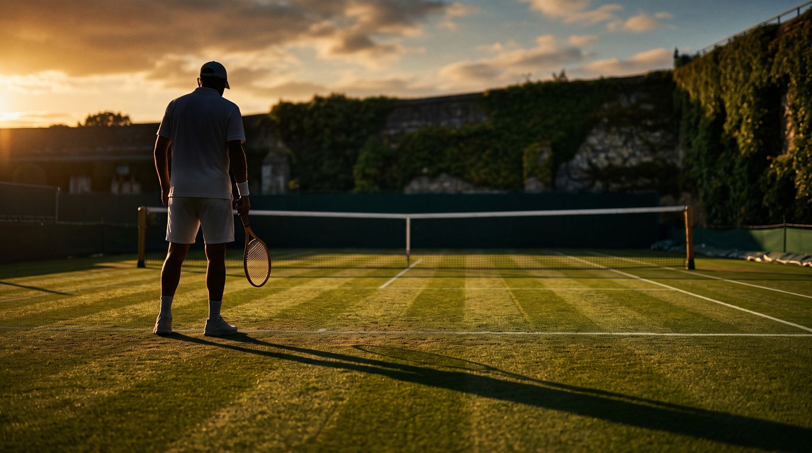 Silhouette of a tennis player at the baseline of a grass court at golden hour