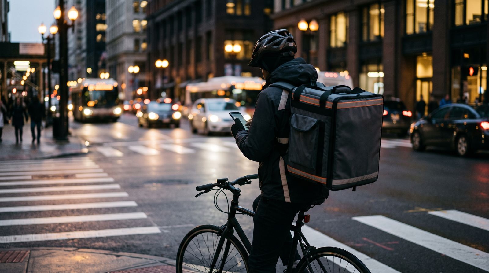 A delivery courier with a plain insulated backpack waits on a bicycle at a city crosswalk at dusk