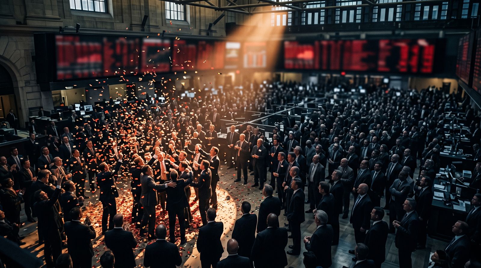 A narrow pocket of a trading floor celebrates under falling confetti while most of the crowd stands in shadow