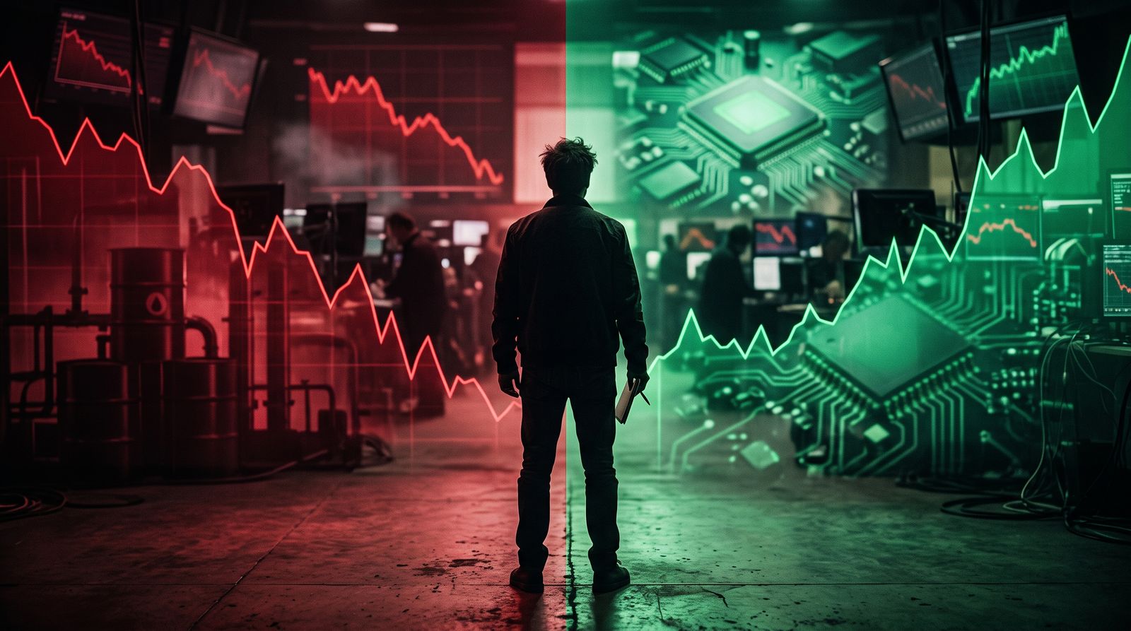 A split composition: a red, falling-market side with an oil barrel silhouette and a green, rising side with glowing microchip motifs, an anonymous trader in silhouette at the dividing line