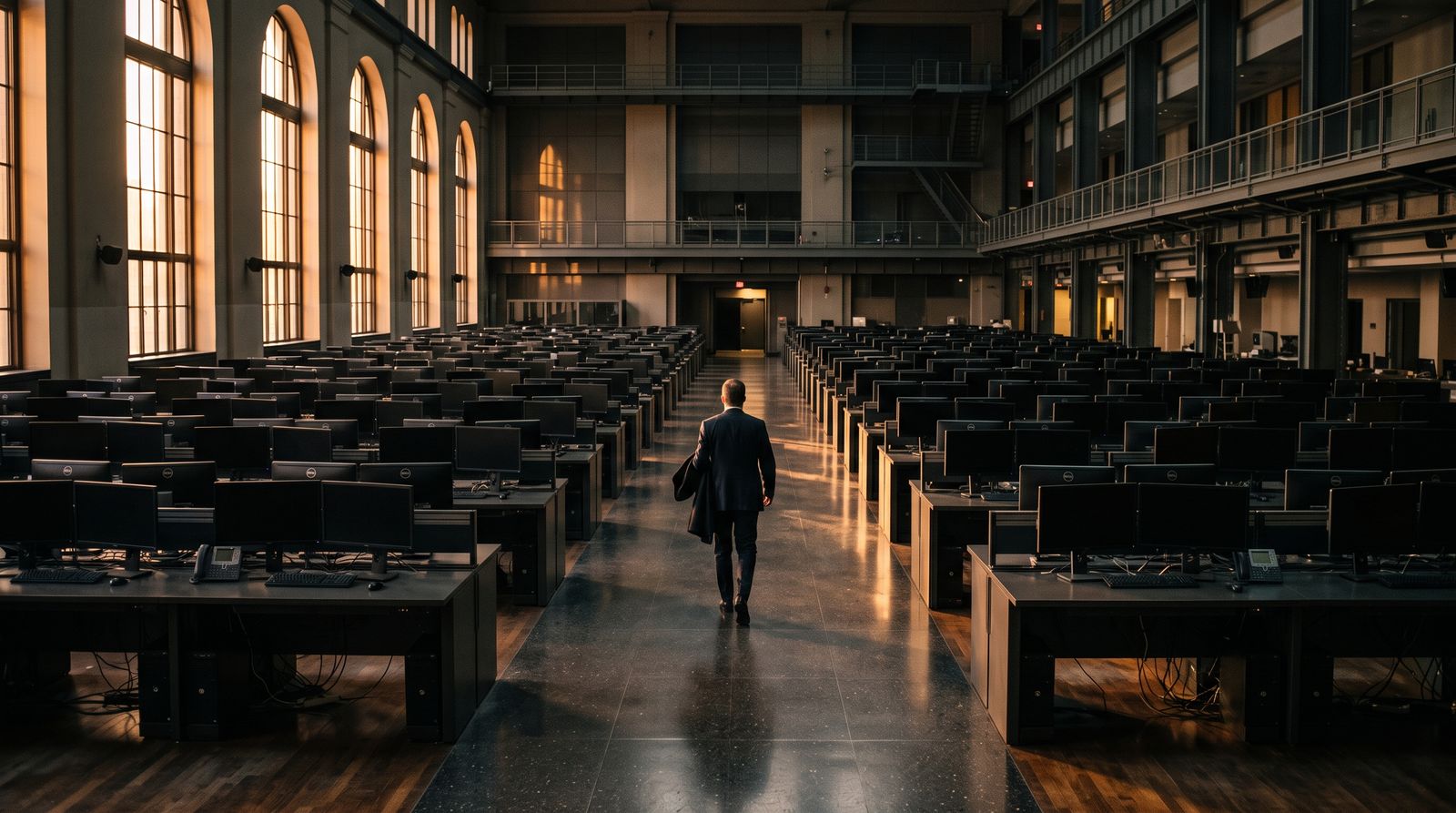 An empty stock exchange trading floor at day's end, monitors dark, one figure walking out