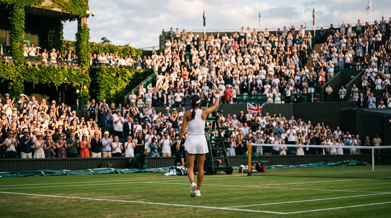 Tennis player waving to a standing ovation on a grass court