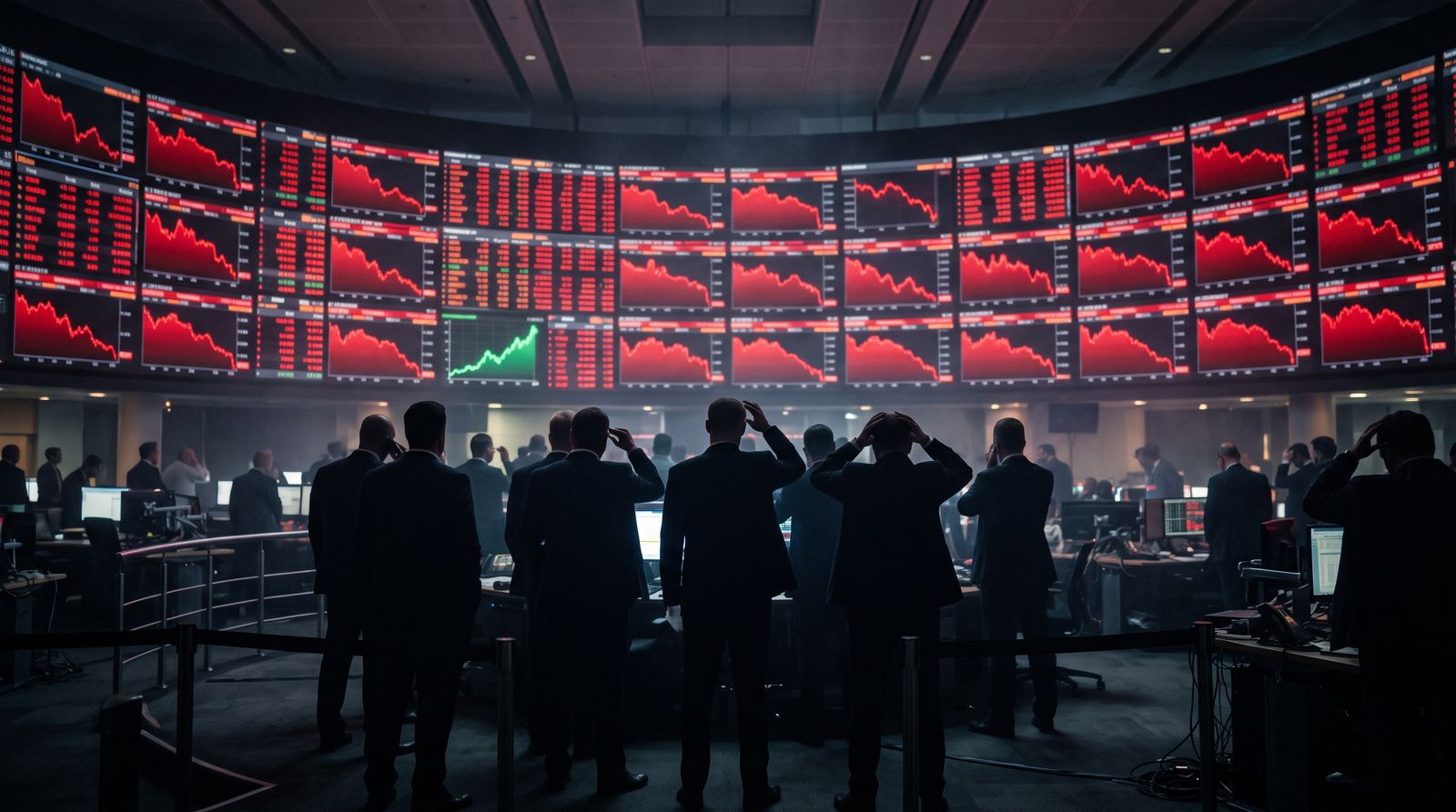 Traders in silhouette watching a wall of red declining charts at the close