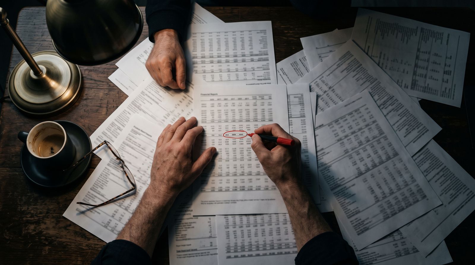 Overhead view of hands circling one buried line in a printed financial report