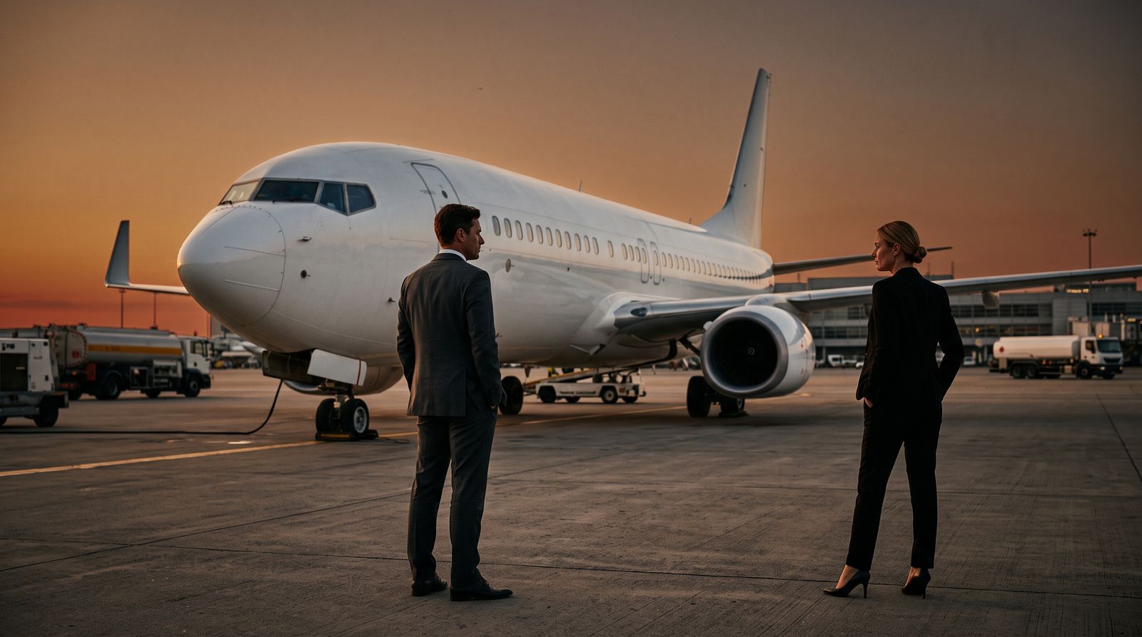 Two anonymous businesspeople in suits stand apart on an airport apron looking toward an unmarked passenger jet at dusk