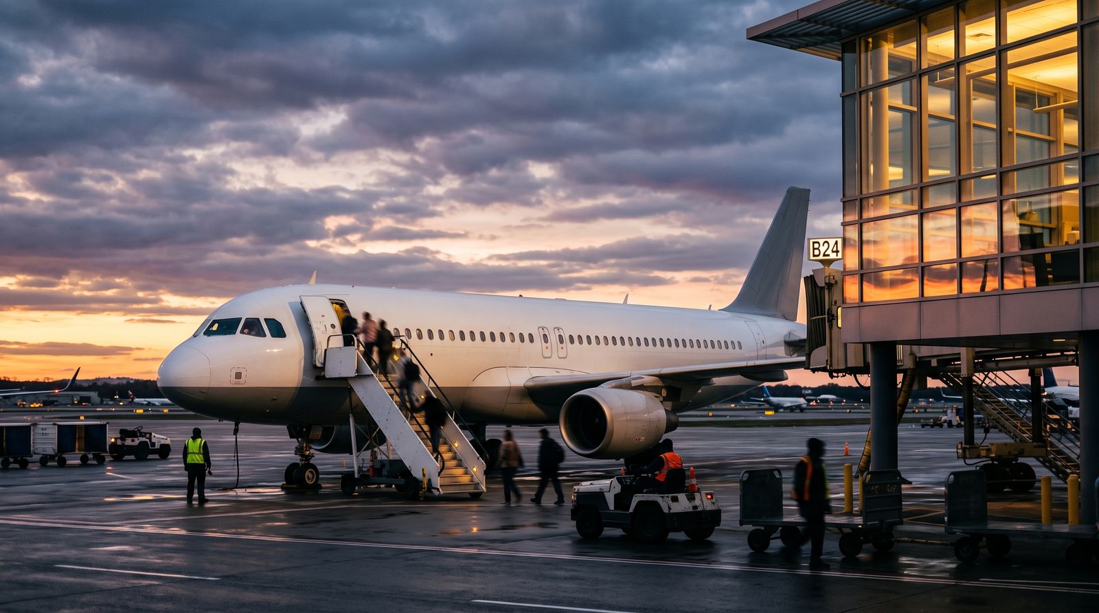 Unbranded passenger jet at an airport gate at dusk