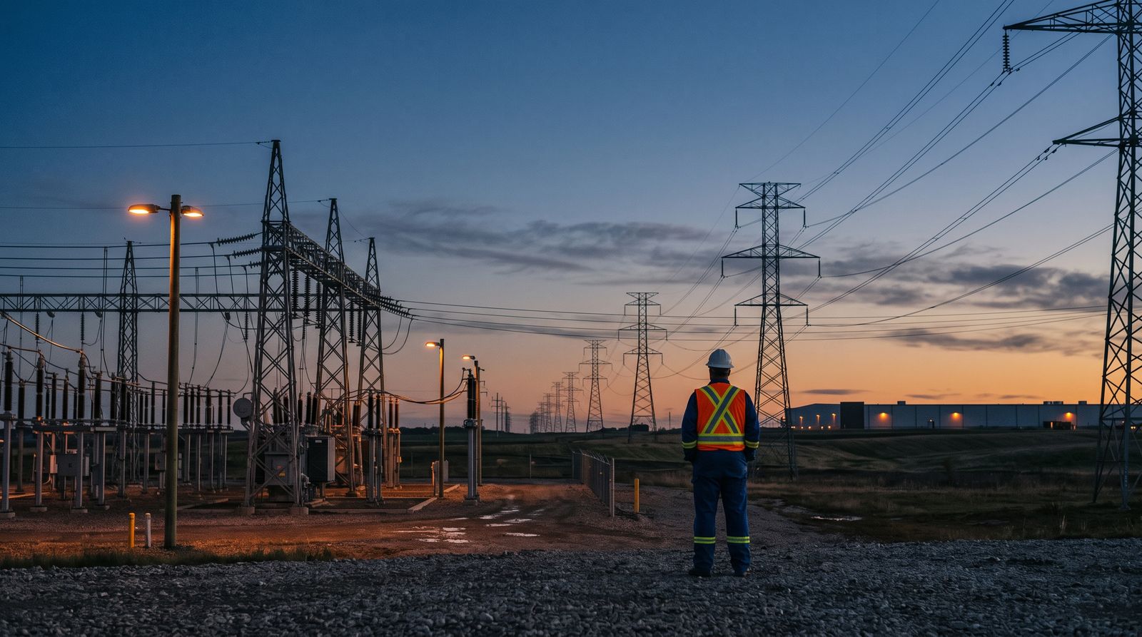 A high-voltage substation and transmission towers at dusk, with a low warehouse-scale building on the distant horizon