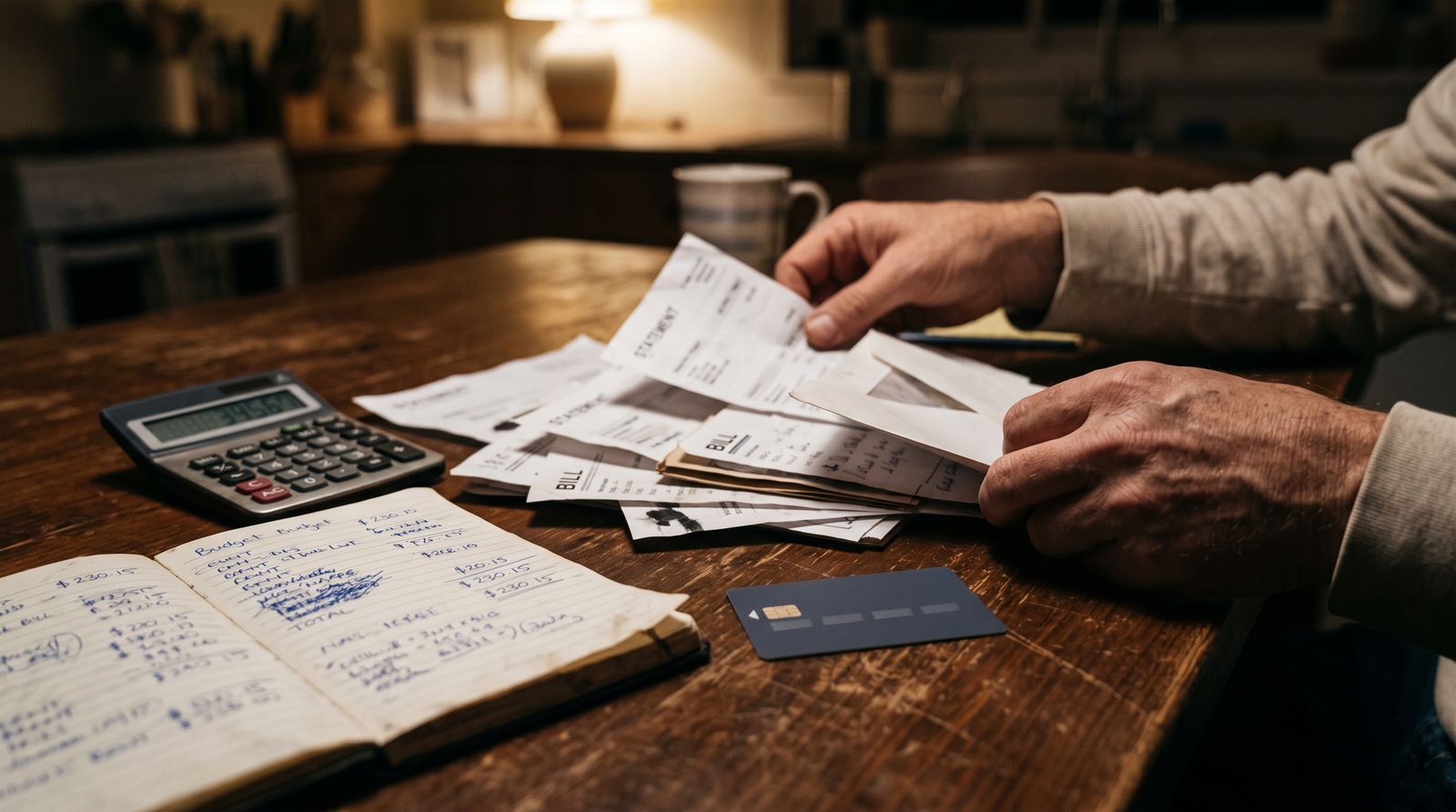 Anonymous hands sorting household bills and a credit card by lamplight