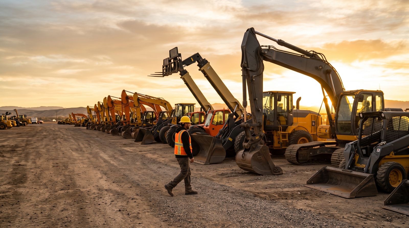 An anonymous worker in a hard hat walking a long row of heavy construction rental equipment in an open yard at golden hour