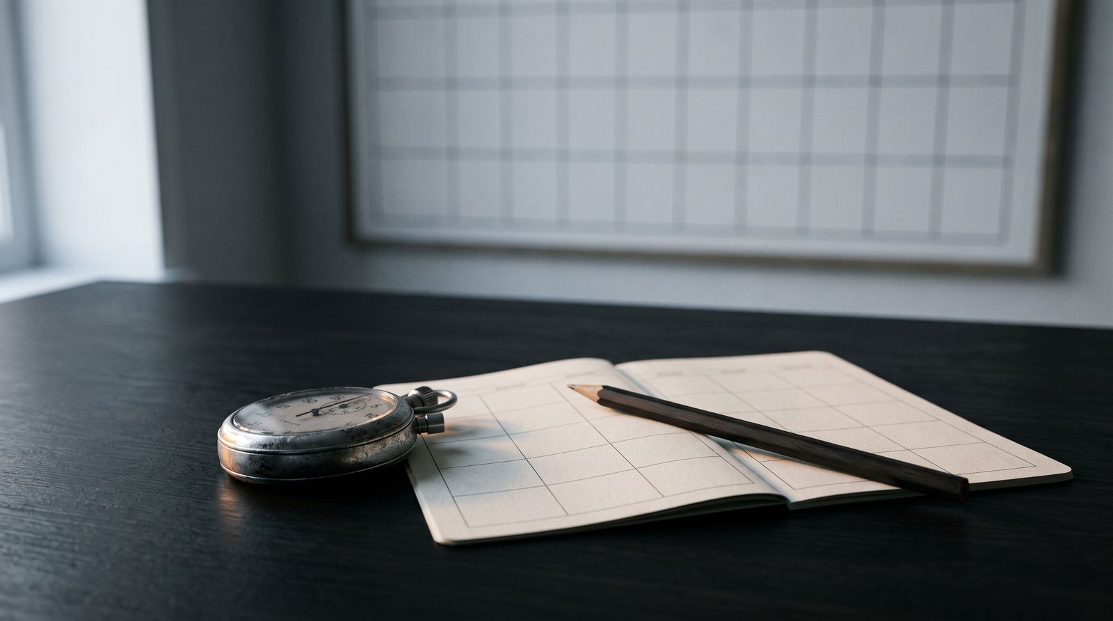 Mechanical stopwatch on a desk beside a blank planner grid